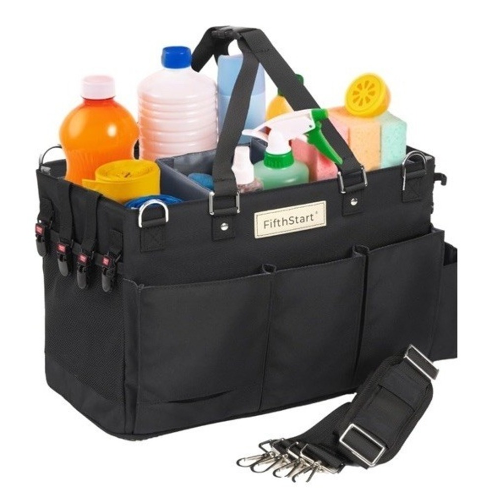 FifthStart Large Cleaning Supplies Organizer Tote & Caddy, Black Nylon